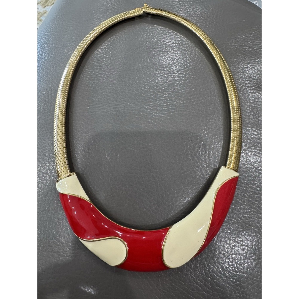 Vintage Monet Couture Omega Red Cream Gold Tone Choker Necklace
